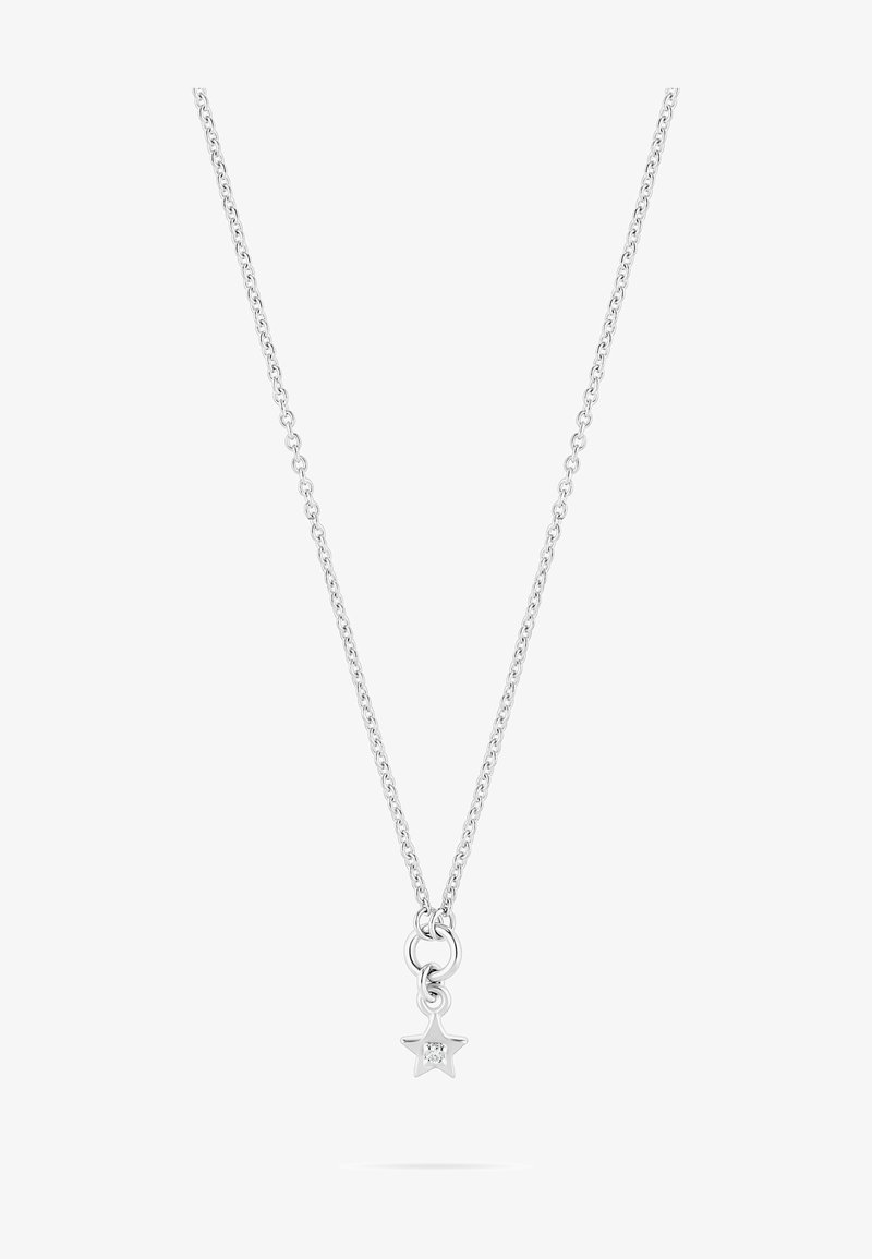 Sølv kædedyse med en lille stjerneformet vedhæng med en central sten. Kæden har sammenkoblede led og en poleret overflade.