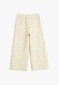 Bloemmotieven wijde broek van zacht, lichtgeel stof met een elastische tailleband en subtiele visgraatstructuur.
