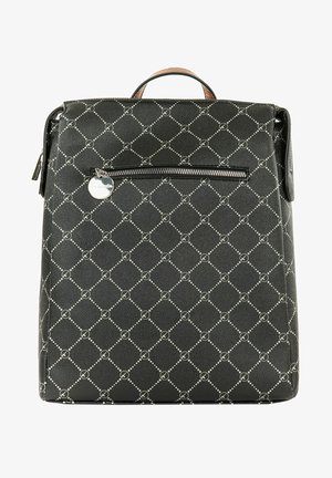 Zaino nero con motivo geometrico, dotato di maniglia superiore, tasca frontale con cerniera e materiale testurizzato.