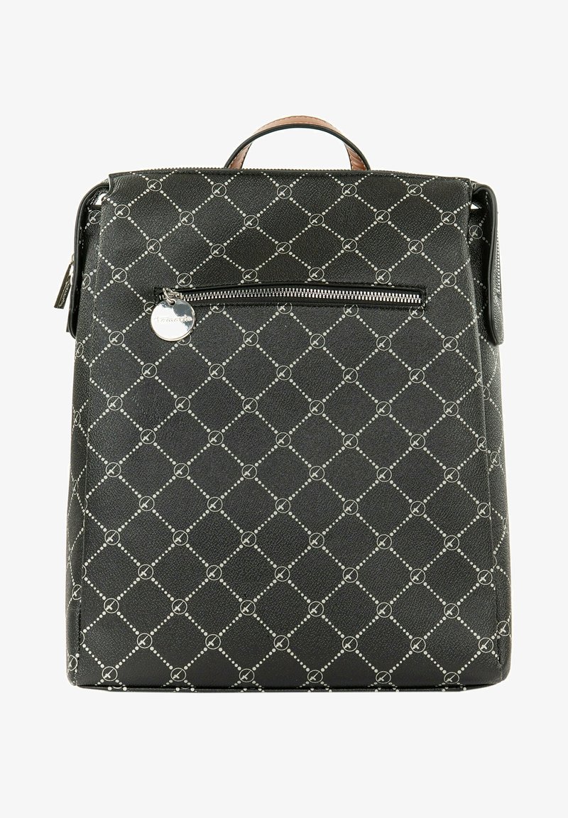 Sac à dos noir à motifs géométriques, doté d'une poignée supérieure, d'une poche avant zippée et d'un matériau texturé.