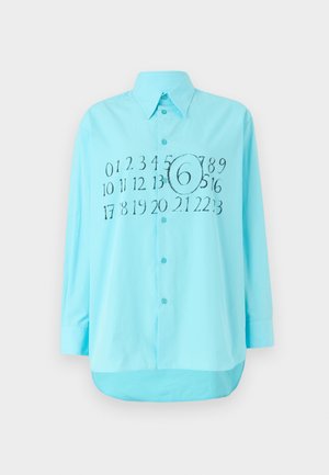 Light blue button-up shirt featuring a front graphic of numbers, with a prominent black circular "6" in the center. Classic collar and long sleeves.