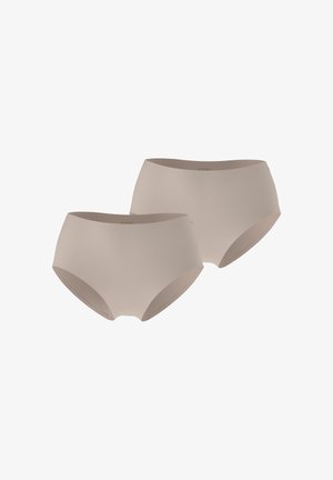 Sous-vêtement beige taille haute en tissu lisse et extensible. Présente un design sans coutures avec des bordures minimalistes, vendu par lot de deux.