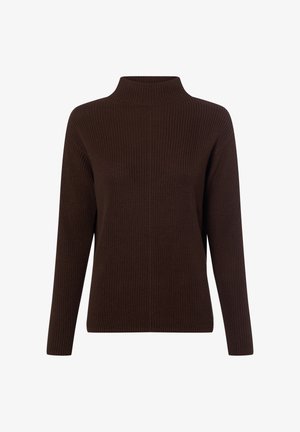 Bruine geribbelde coltrui met lange mouwen, voorzien van een gestructureerde gebreide textuur en een aansluitende pasvorm. Zonder versieringen of patronen.