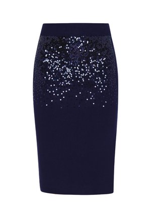 Knit pencil skirt in dark navy with a gradient of black and silver sequins at the top, featuring a textured ribbed waistband.