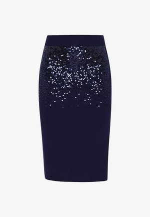 Jupe crayon en tricot bleu marine foncé avec un dégradé de sequins noirs et argentés en haut, dotée d'une taille côtelée texturée.