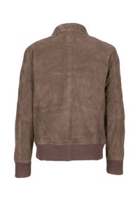 Ruskea mokkainen pommitakki, jossa on resorit hihansuissa ja helmassa, kuvattuna takaa valkoisella taustalla.