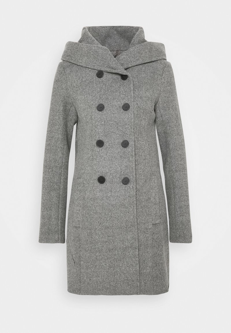 Cappotto di lana grigio con design a doppio petto, grande colletto e sei bottoni neri. Presenta tasche laterali e una texture morbida.