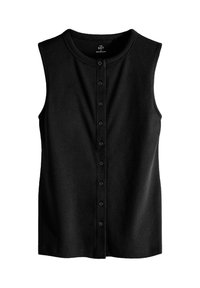 Schwarzes ärmelloses, geripptes Tanktop mit knopflosem Verschluss vorne und rundem Ausschnitt.