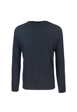Maglione a coste blu navy con maniche lunghe, collo a giro e finitura testurizzata, realizzato in un morbido tessuto lavorato a maglia.