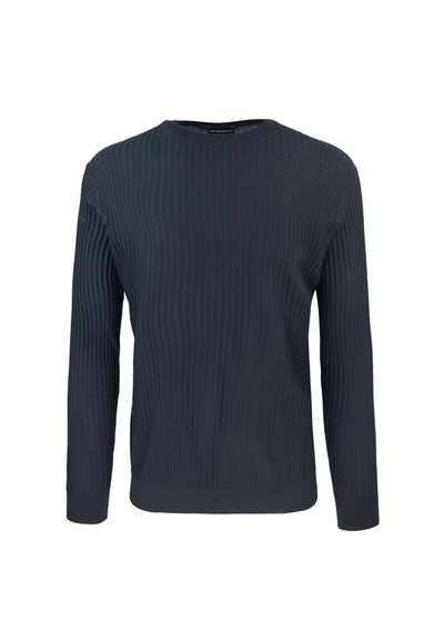 Maglione a coste blu navy con maniche lunghe, collo a giro e finitura testurizzata, realizzato in un morbido tessuto lavorato a maglia.