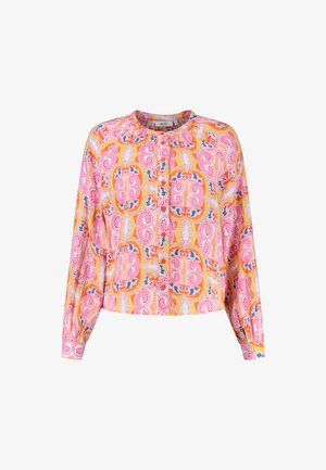 Dlhá blúzka s rozopínacími rukávmi v ružovo-oranžovom kvetinovom vzore. Má okrúhly výstrih a zapínanie na gombíky. Ľahká tkanina s textúrovaným dizajnom.