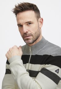 Striped half-zip sweater in light gray, black, and cream. Features ribbed collar and cuffs, with a small logo patch on the left sleeve.