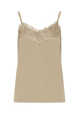 Beige camisole med blondedetaljer langs udskæringen og tynde skulderstropper, simpelt og elegant design.