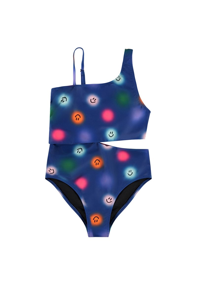 Blå bikinitopp med én skulder og høy midje-bikini underdel, dekorert med fargerike smilefjes-mønstre i forskjellige nyanser.