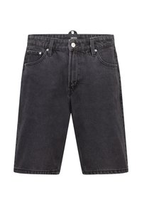 Mustat farkkushortsit, joissa on vyölenkit, etupainike, vetoketjukiinnitys ja viisi taskua, esillä valkoisella taustalla.