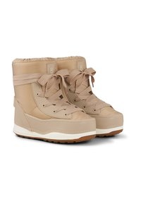 Beżowe wodoodporne buty z zaokrąglonym noskiem, sznurowaniem z przodu i elastycznym wykończeniem wokół kostki. Posiadają wyściełany kołnierz i teksturowane akcenty oraz wytrzymałą gumową podeszwę.