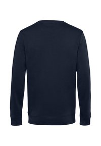 Felpa blu navy mostrata da dietro, con collo a giro e polsini a coste, caratterizzata da una texture liscia e uniforme.