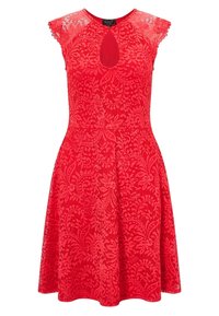 Röd spetsklänning med blommönster, korta ärmar med kapell, nyckelhålsutskärning och utsvängd kjol.