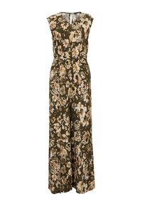 Combinaison florale en olive foncé avec des fleurs crème et pêche. Design sans manches, taille élastique, jambes larges et une ouverture en lasagne à l'arrière.