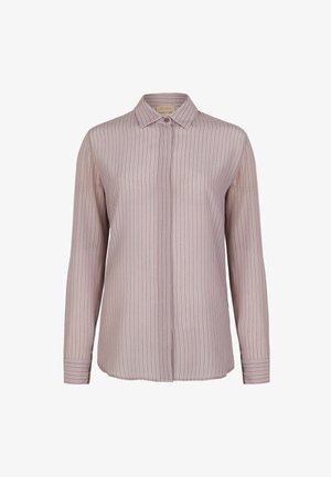 Jasnoróżowa koszula zapinana na guziki w pionowe paski. Posiada klasyczny kołnierzyk, długie rękawy i subtelną fakturę. Paski w ciemniejszych odcieniach.