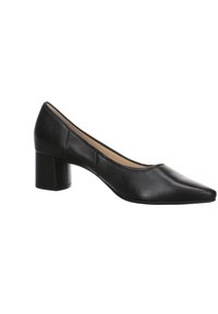 Black leather pump with a pointed toe and a square block heel. Smooth texture with minimal stitching detail.