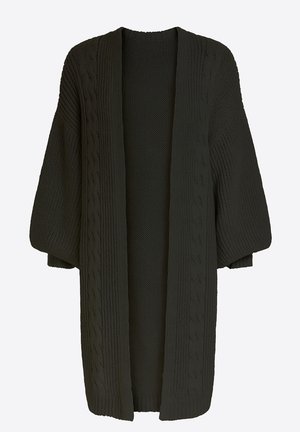 Gebreid vest, donkergroen, open voorkant, brede mouwen, gestructureerd patroon met kabelbreisel langs de randen en het lichaam.