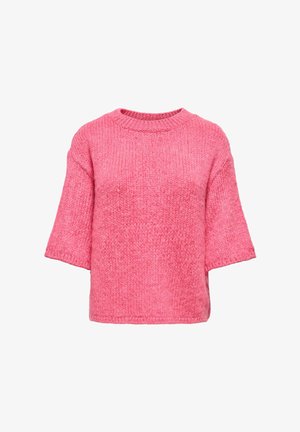 Läikiv roosa värvusega lühikeste varrukatega pakse kudumiga kampsun, ümar kaelus ja lõdvestunud istuvus valgel taustal.