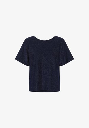 Bluză scurtă, de culoare bleu marin, cu guler rotund, având o textură sclipitoare și o croială lejeră. Design simplu, fără accente suplimentare.