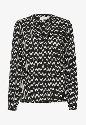 Garā piedurkņu blūze ar melnbalto viļņaino rakstu. Izgatavota no viegla auduma, ar V veida kakla izgriezumu un aprocēm.