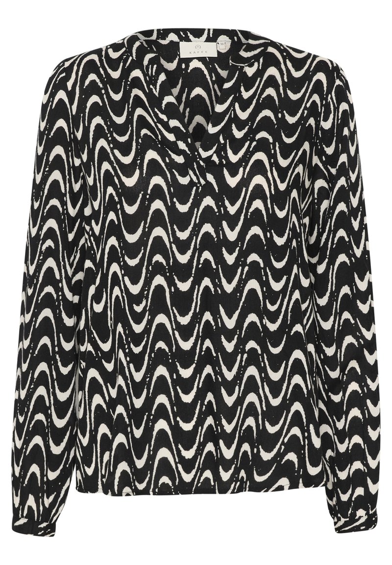 Langärmlige Bluse mit einem schwarz-weißen Wellenmuster. Hergestellt aus leichtem Stoff, mit einem V-Ausschnitt und geknöpften Ärmeln.