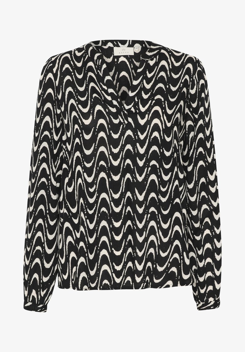 Langärmlige Bluse mit einem schwarz-weißen Wellenmuster. Hergestellt aus leichtem Stoff, mit einem V-Ausschnitt und geknöpften Ärmeln.