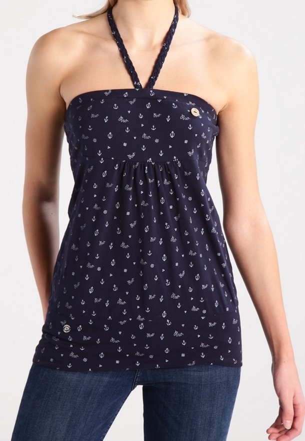 Námořnický top bez ramínek s bílými vzory kotev a textu, pletený zavazovací krk, nařasený výstřih a malý knoflíkový akcent v pase.