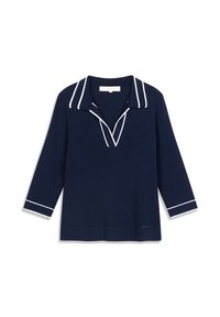 Haut en maille bleu marine avec un col en V, orné d'un liseré blanc le long du col et des poignets. Manches longues, coupe décontractée, ourlet droit.