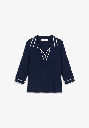 Maglia navy a maglia con colletto a V, caratterizzata da piping bianco lungo il colletto e i polsini. Maniche lunghe, vestibilità rilassata e orlo dritto.