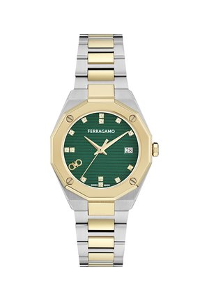 Two-tone silver and gold Ferragamo wristwatch with green dial, diamond hour markers, date window, and metal link bracelet.