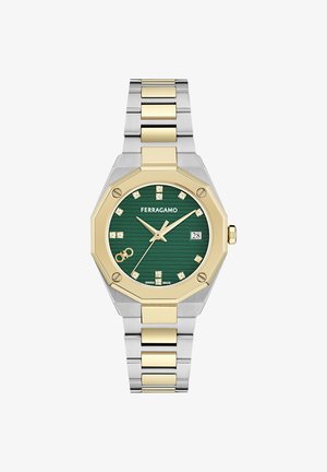 Relógio de pulso Ferragamo bicolor prateado e dourado com mostrador verde, marcadores de horas em diamante, janela de data e bracelete de elos metálicos.