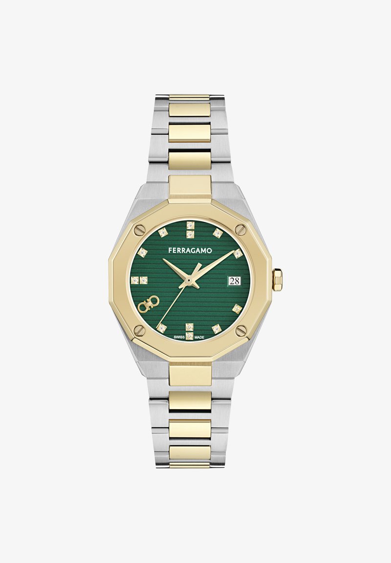 Two-tone silver and gold Ferragamo wristwatch with green dial, diamond hour markers, date window, and metal link bracelet.