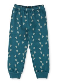 Teal children's sweatpants with elastic waist and cuffs, featuring scattered light gray abstract tulip patterns.