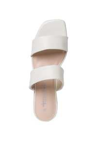 Sandal in bianco con due fasce larghe, punta quadrata, materiale in pelle liscia e una soletta morbida e imbottita in una tonalità neutra.