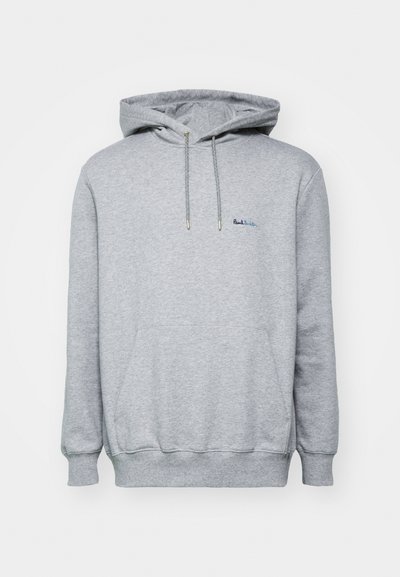 Grauer Sweatshirt mit Kapuze, Kordelzügen, Fronttasche und gerippten Bündchen. Auf der linken Brustseite befindet sich ein blauer, gestickter Logo.