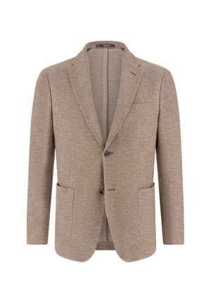 Beżowa marynarka męska w jodełkę z dwoma przednimi guzikami, klapami z nacięciem, kieszenią na piersi oraz dwoma naszywanymi kieszeniami na białym tle.