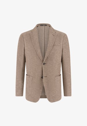 Beiger Herrenblazer mit Fischgrätmuster, zwei vorderen Knöpfen, Kerbkragen, Brusttasche und zwei aufgesetzten Taschen auf weißem Hintergrund.