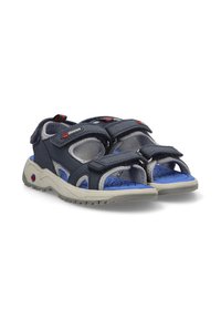 Sandalias de velcro en azul y gris con plantilla acolchada, suela de goma y diseño de punta abierta. Presenta un logotipo y correas texturizadas.