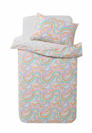 Bettwäsche-Set mit Kissenbezug und Bettbezug mit pastellfarbenen wellenförmigen und gezackten Mustern in Orange, Grün, Blau, Pink und Beige auf weißem Hintergrund.