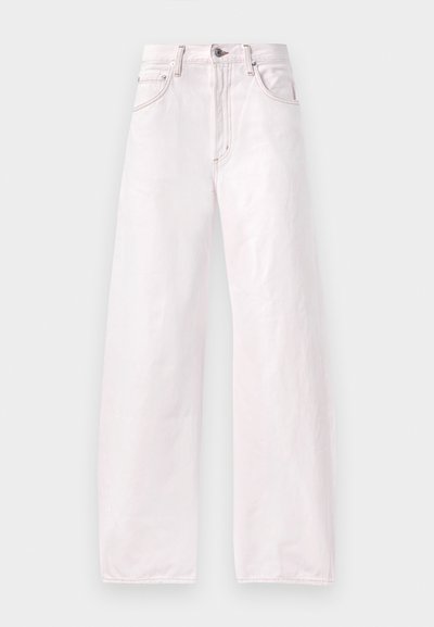 Valkoiset, leveälahkeiset farkut, joissa on vaalea vaalenapinkki denim. Housuissa on korkea vyötärö, viisi taskua ja huomaamattomia brodeerauskohtia saumoissa.