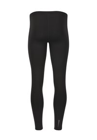 Zwarte leggings van rekbaar materiaal, met een gladde textuur en een getailleerd ontwerp. Geen zichtbare bevestigingsmiddelen of patronen.