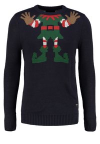 Pull en maille bleu marine avec un motif d'elfe aux détails verts, rouges et marron. Poignets et ourlet côtelés, avec une texture douce et lisse.