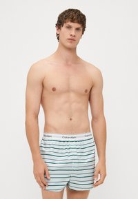 Moške bokserice Calvin Klein z svetlo modro osnovo in temno zelenimi vodoravnimi črtami ter elastiko v pasu z logotipom.