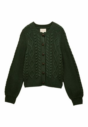 Grüne Strickjacke mit strukturiertem Muster, Kabeldetails, geripptem Saum und braunen Knöpfen, gestaltet mit langen Ärmeln und rundem Halsausschnitt.