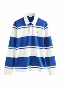 Langärmliges Poloshirt mit horizontalen blauen und weißen Streifen, klassischem Kragen und gesticktem Logo auf der linken Brust. Aus Baumwollmaterial.